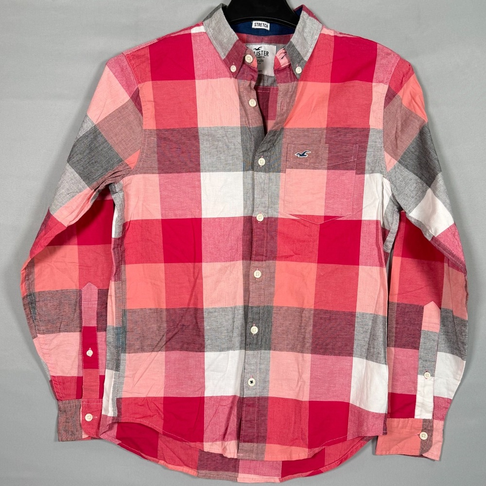Hollister Epic Flex Men S Plaid‎ Shirt Pink Shades Gray Long Sleeve Button Down